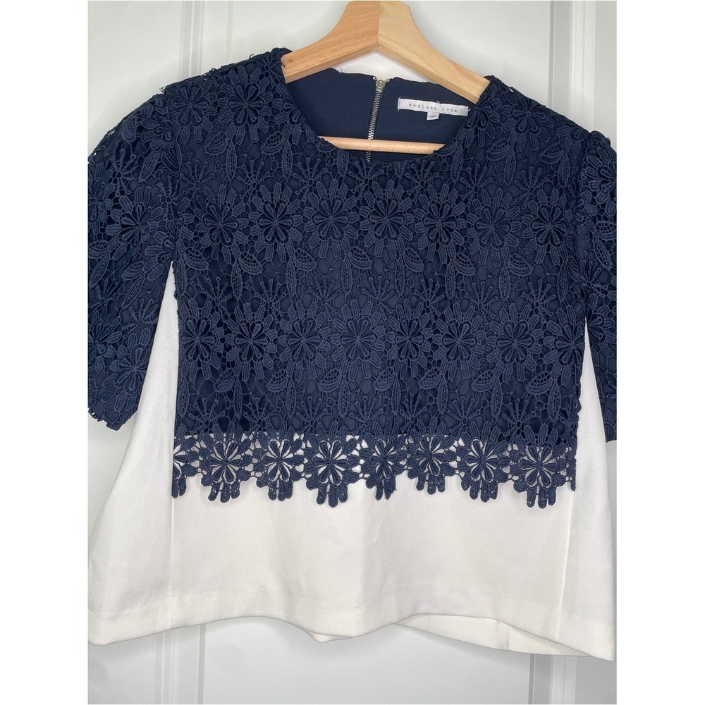 Women's Navy Blue Floral Lace White Layered Short Sleeve Top Office Classy Large - Picture 3 of 7